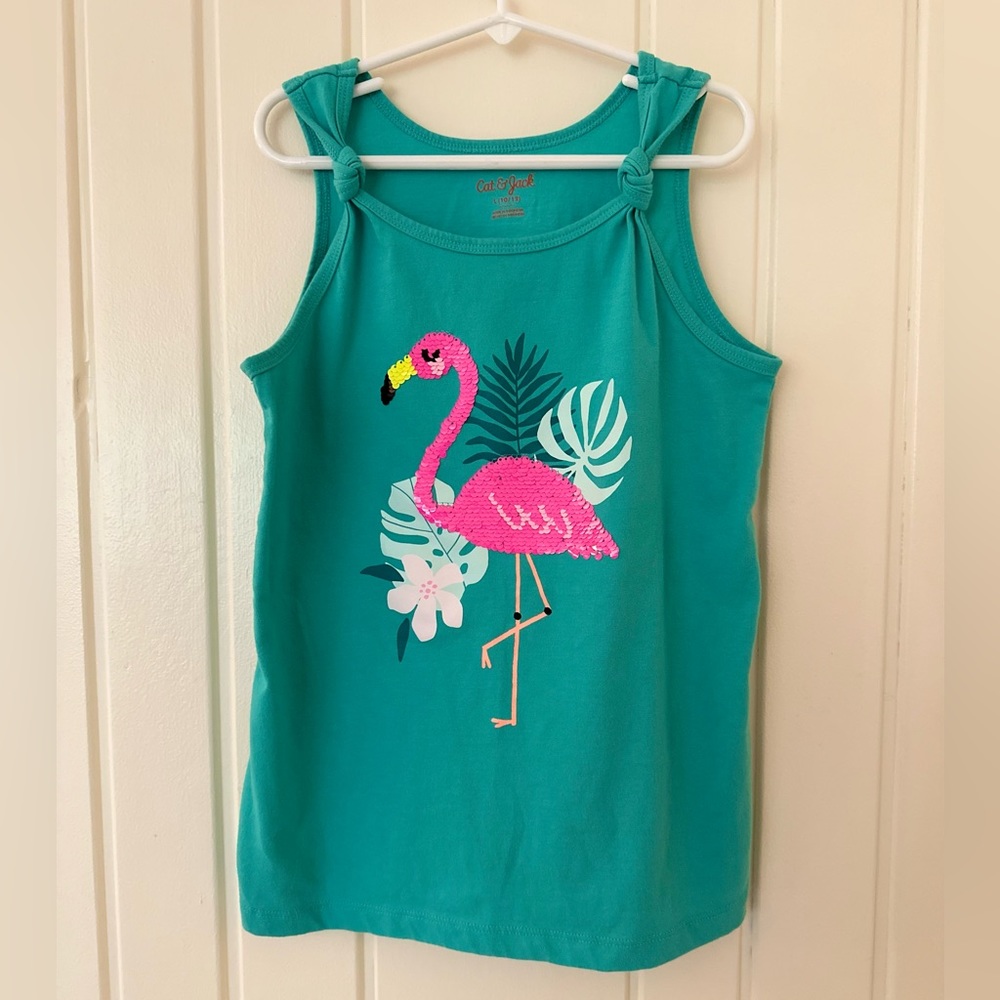 NWOT. Cat & Jack Teal Tank with Flamingo. Reversible sequins. Size L (10/12).